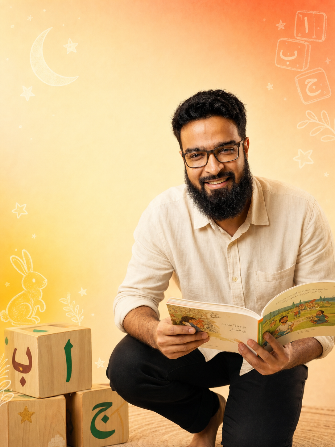 A parent reading an Arabic children's storybook, surrounded by playful learning blocks